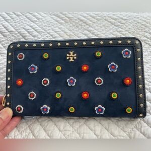 Tory Burch Blue Wallet with Colorful Floral Accents, NWT